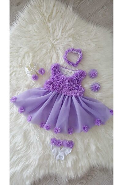 GOLD TEKSTİL Lilac Baby Girl Dress, Laser Floral, Mevlit Set Eid Dress Set Bi...