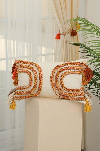 Aisha's Design Handmade Knitted and Tassel Detailed Bohemian Decorative Throw Pillow Cover, K-389