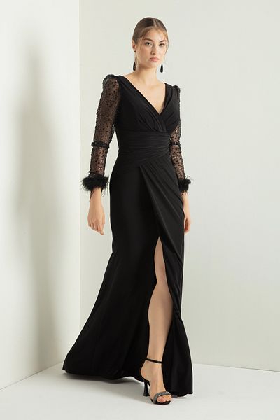 Lafaba Rochie de seară lungă de damă cu mâneci negre cu decolteu în V cu fante de piatră