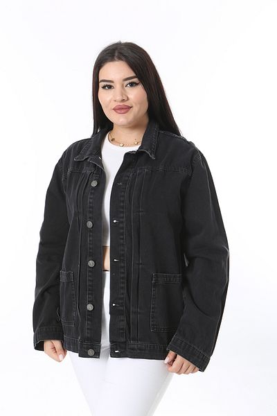 Şans Women's Large Size Anthracite Stitching Detailed Front Buttoned Denim Coat 65N38385