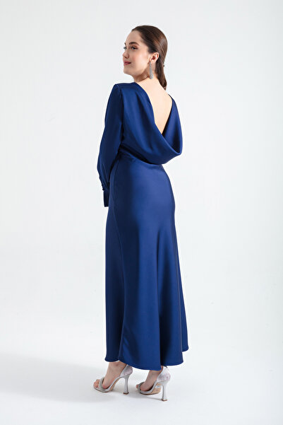 Lafaba Kadın Lacivert Sırt Dekolteli Midi Saten Abiye Elbise