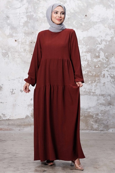 Bestenur Elay Ολόσωμο Ζαρωμένο Φόρεμα 1251 - Claret Red