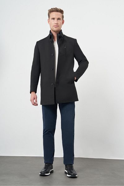 İmza Pardesiu clasic negru slim fit - ștampilă, guler de blană, un singur fant, căptușeală complet matlasată 1005245102