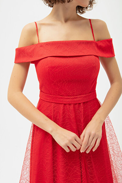 Lafaba Women's Red Boat Neck Silvery Long Evening Dress