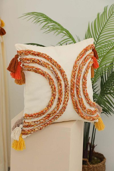 Aisha's Design Handmade Knitted and Tassel Detailed Bohemian Decorative Throw Pillow Cover, K-388