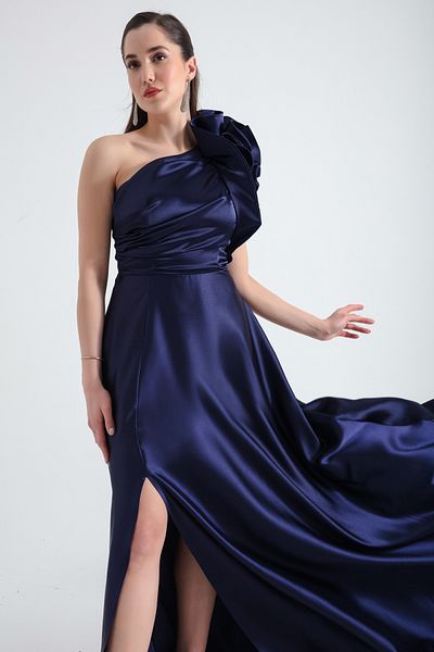 Lafaba Γυναικείο βραδινό φόρεμα Navy Blue One Shoulder Ruffle