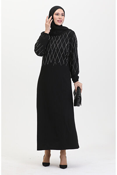 sefamerve Βραδινό φόρεμα με λεπτομέρεια από μαύρη πέτρα - 0525-01