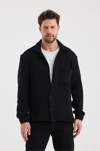 CLIPMAN Чоловічий Regular Fit трикотажний піджак-сорочка з поясом, чорний