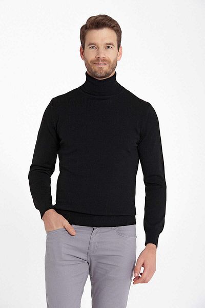 CLASSİCS MEN Мъжки пуловер с прилепнала кройка, черен, с висока яка - 7042