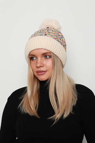 REMSA Бежева жіноча шапка - з кольоровими помпонами, з хутром всередині RKŞ-21