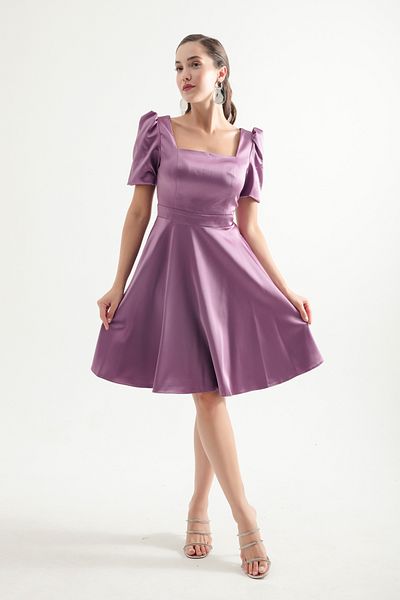Lafaba Lavender Mini Satin Evening Dress - Balloon Sleeve and Flared Cut Dress