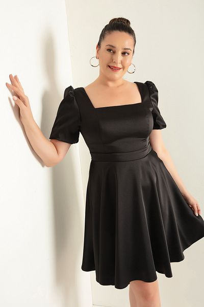 Lafaba Rochie de seară de damă neagră, cu mâneci cu balon, cu croiul evazat, de dimensiuni mari, din satin