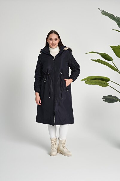 Deneme Kabinim Γυναικείο χειμερινό παλτό Bondit με κουκούλα και επένδυση από γούνα, σκούρο μπλε