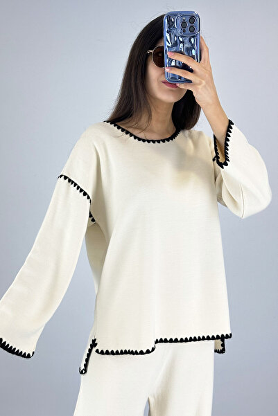 Lafaba Dámská sada pruhovaného úpletu Ecru Crew Neck