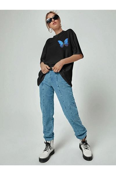 New Shine Μπλουζάκι με στάμπα μπλε πεταλούδας Oversize από βαμβακερό χτενισμένο ύφασμα μαύρο μπλουζάκι