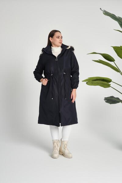 Deneme Kabinim Γυναικείο χειμερινό παλτό Bondit με κουκούλα και επένδυση από γούνα, σκούρο μπλε