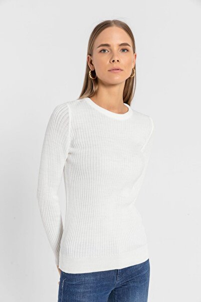 Miss Poem Women's Crew Neck Long Sleeve Winter Ecru Knitwear Sweater