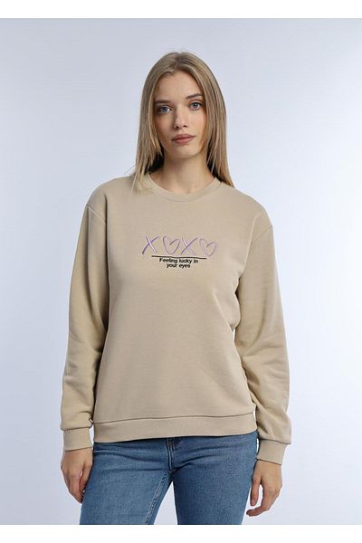 Polo State Μπεζ γυναικείο φούτερ - Crew Neck, 3 Κλωστές Χωρίς Σχάρα