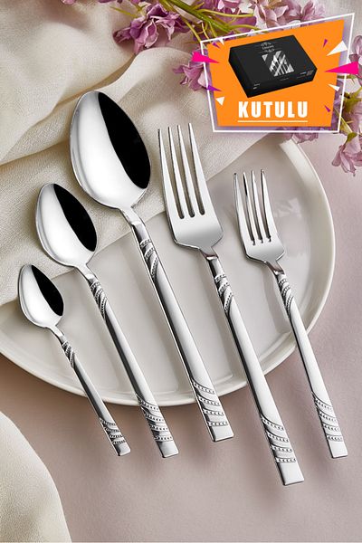Kısmet Bade Model 60 Pieces Boxed Patterned 12 Person Steel Flat Fork Spoon Set Set