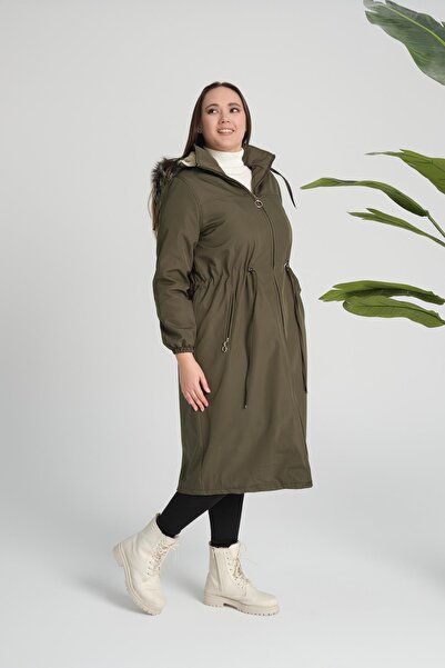 Deneme Kabinim Γυναικείο χειμερινό παλτό Bondit με κουκούλα και γούνα εσωτερικά, χακί