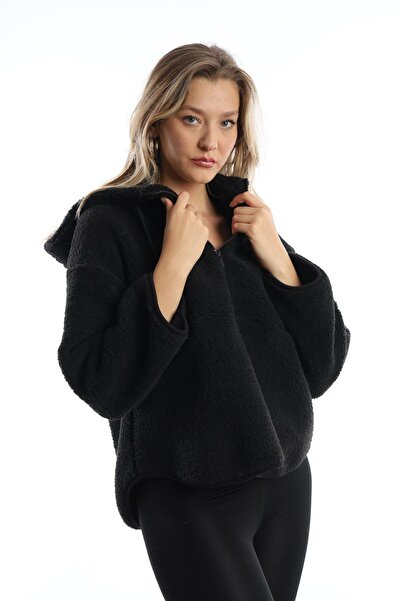 Polo State Γυναικείο βελούδινο φούτερ με κουκούλα μαύρο