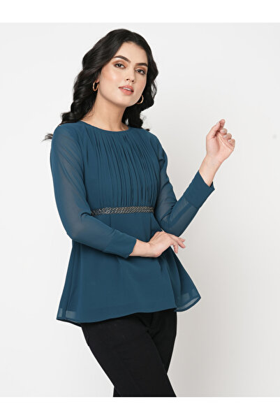 Mish By Styli Pleated Round Neck Top with Embellished Waist