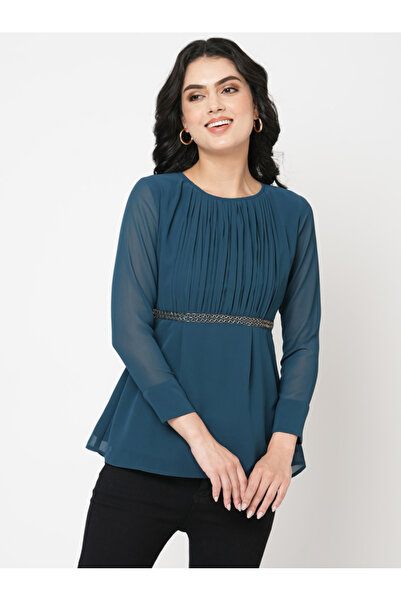 Mish By Styli Pleated Round Neck Top with Embellished Waist