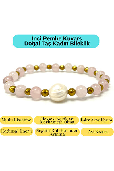 YILDIZ DOĞAL TAŞ Sertifikalı İnci - Pembe Kuvars Doğal Taş Kadın Bileklik Mis...