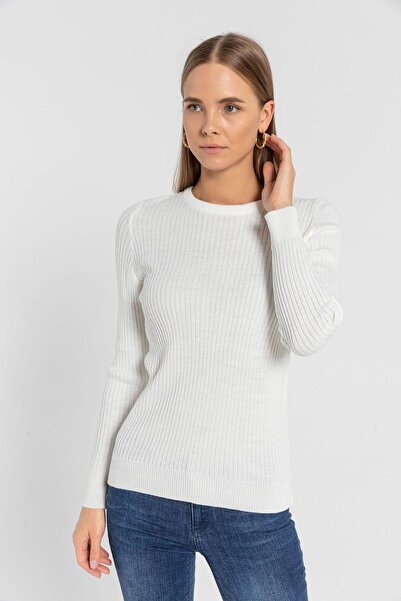 Miss Poem Women's Crew Neck Long Sleeve Winter Ecru Knitwear Sweater