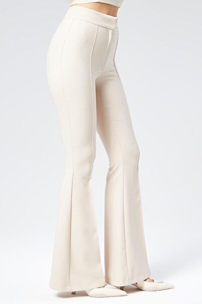 Appleline High Waist Beige Palazzo Trousers - Plus Size, Grassy, Flared Leg