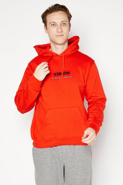 Vision Street Wear Men Embroidered Logo Long Sleeves Hoodies, Red