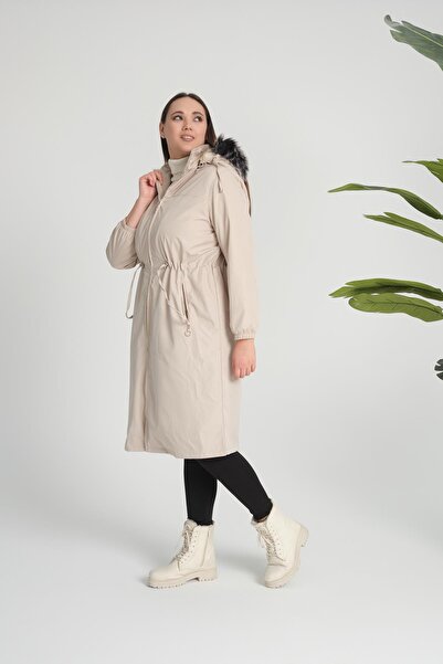 Deneme Kabinim Γυναικείο χειμερινό παλτό Bondit με κουκούλα και επένδυση από γούνα, πέτρα