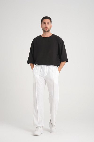 Valiberta Comfortable Molded Elastic Waist Plain Patterned Baggy Cotton Trousers - White