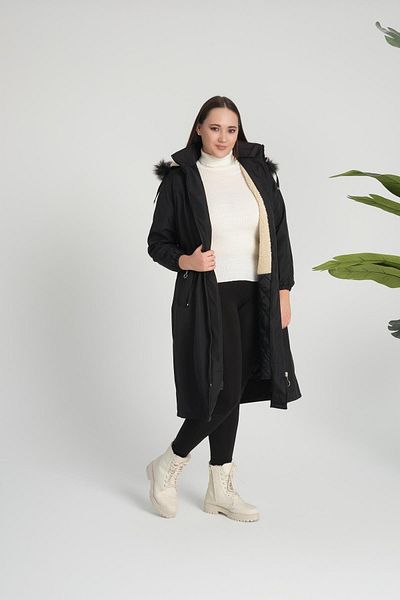 Deneme Kabinim Women's Bondit Fabric Hooded Winter Coat with Fur Inside, Black