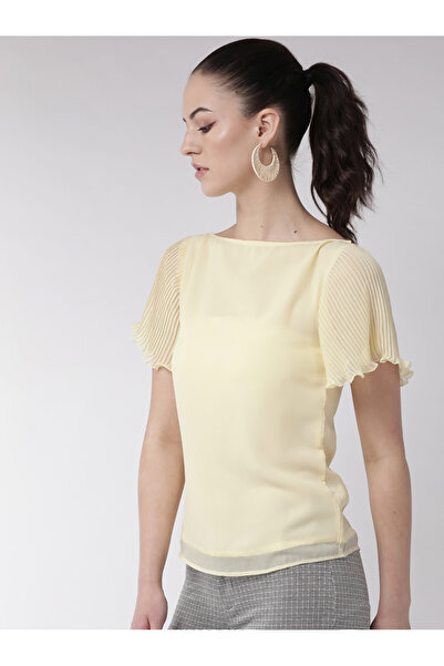Mish By Styli Solid Boat Neck Top with Pleated Sleeves
