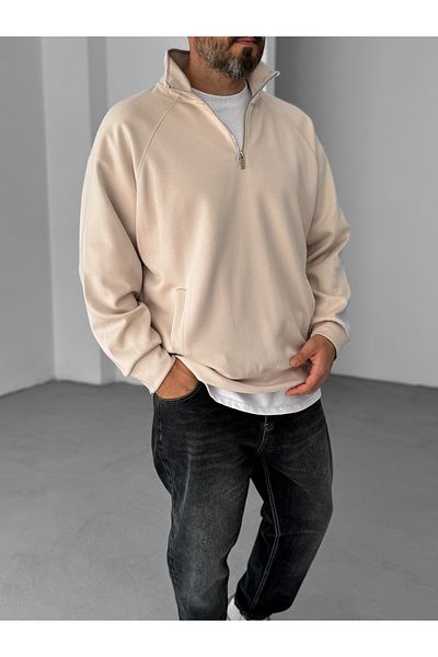 BYBASICMAN Beige Half Zip Pocket Sweatshirt Yp-4108