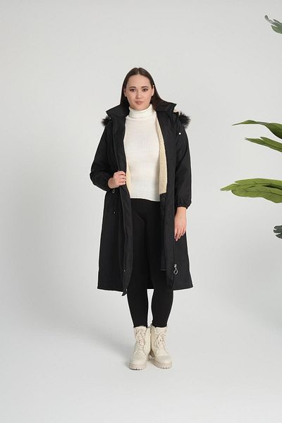 Deneme Kabinim Women's Bondit Fabric Hooded Winter Coat with Fur Inside, Black