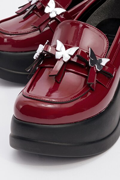 LuviShoes INDIOS Bordo Rugan Kelebek Tokalı Kadın Dolgu Topuklu Günlük Ayakkabı