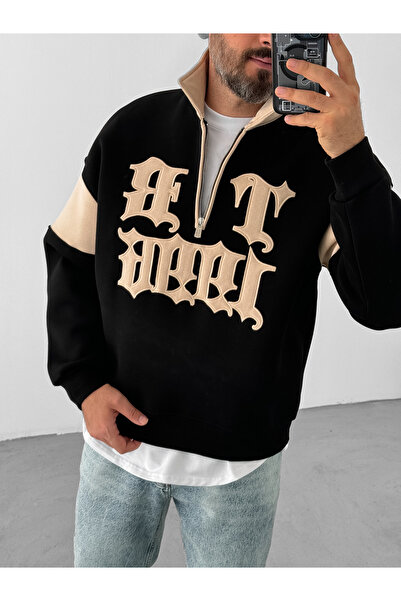 BYBASICMAN 1998 Model Embroidered Black Sweatshirt - Half Zipper Jj-97