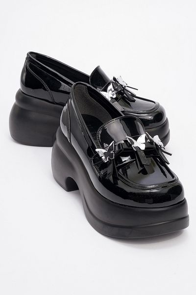 LuviShoes Indios черни лачени дамски ежедневни обувки на ток с катарама на пеперуда