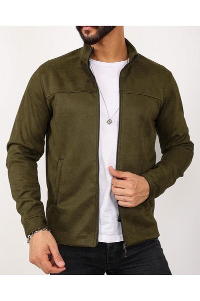 CLASSİCS MEN Ανδρικό Slim Fit Khaki Suede Jacket με φερμουάρ-6953