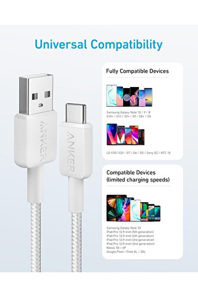 Anker كابل شحن USB-A إلى USB-C 322 (مضفر بطول 3 أقدام/0.9 متر)، شحن سريع ومزامنة بيانات، أبيض