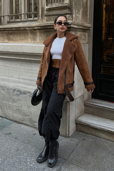 ASEDE Παλτό Biker Oversize με Nubuck εξωτερικά, βελούδινο εσωτερικά και δερμάτινη λεπτομέρεια