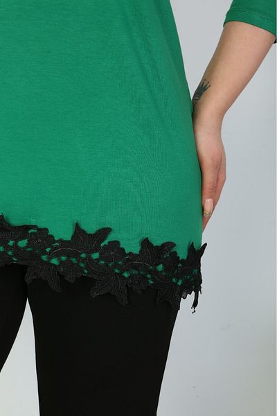 sinemisxxl Green Viscose Blouse with Lycra Lace Single Shoulder Window