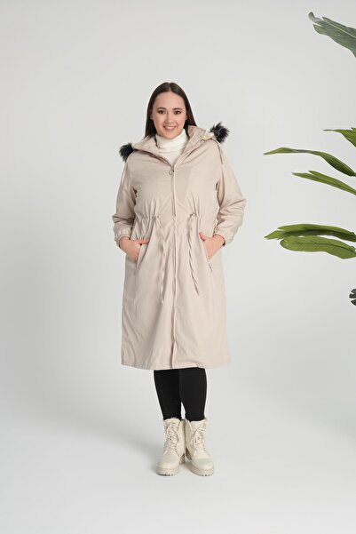 Deneme Kabinim Γυναικείο χειμερινό παλτό Bondit με κουκούλα και επένδυση από γούνα, πέτρα