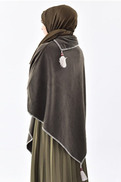 Cockatoo Women's Shawl Collar Shepherd Stitched Tassel Detailed Stylish Designed Hijab Fleece Poncho