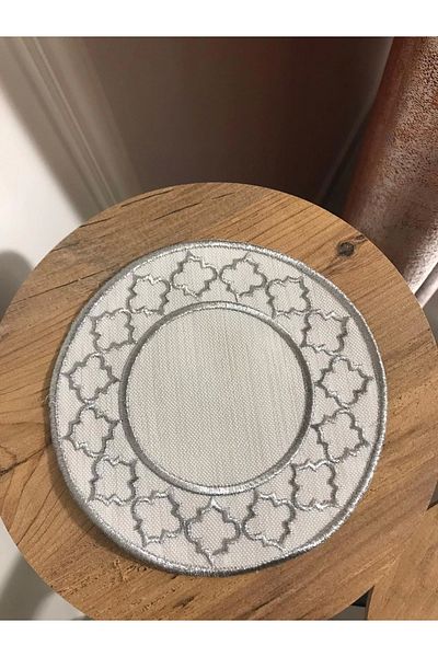 NİVEMESHOME Nivemeshome 6 Pcs Linen Cocktail Napkins - Moroccan Embroidery Silver Oval, Coffee Side Presentation Holder