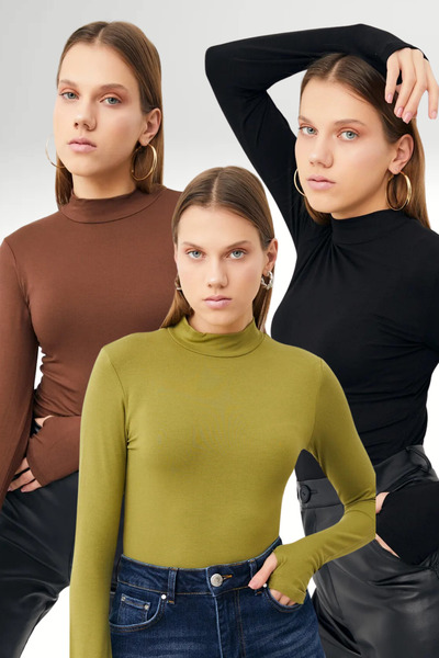 Bipantolon Women's Black Bitter Brown Oil Green 3-Piece Finger Detailed Bodysuit