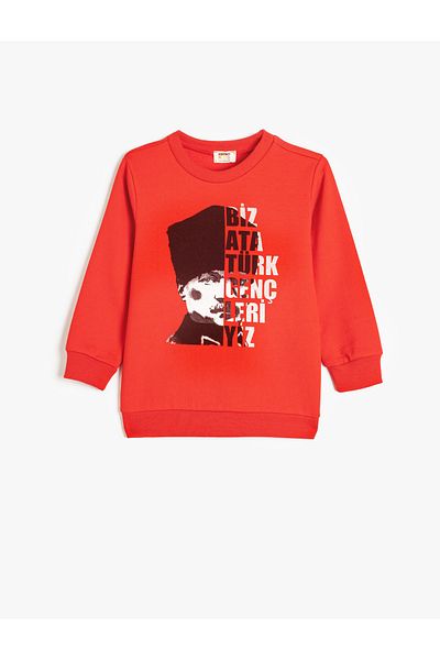 Koton Ataturk Printed Long Sleeve Raised Sweatshirt - Crew Neck