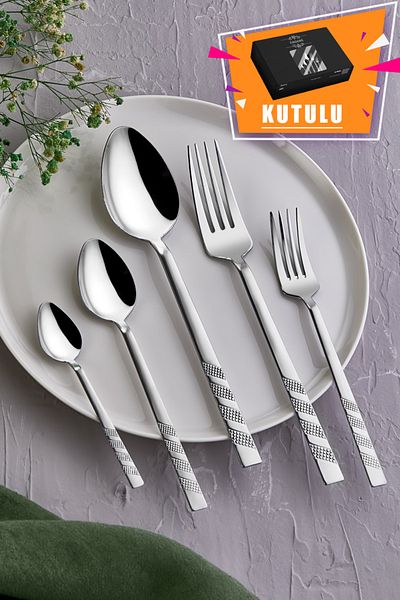 Kısmet Zagori 30 Piece Boxed Patterned 6 Person Steel Flat Fork Spoon Set Set